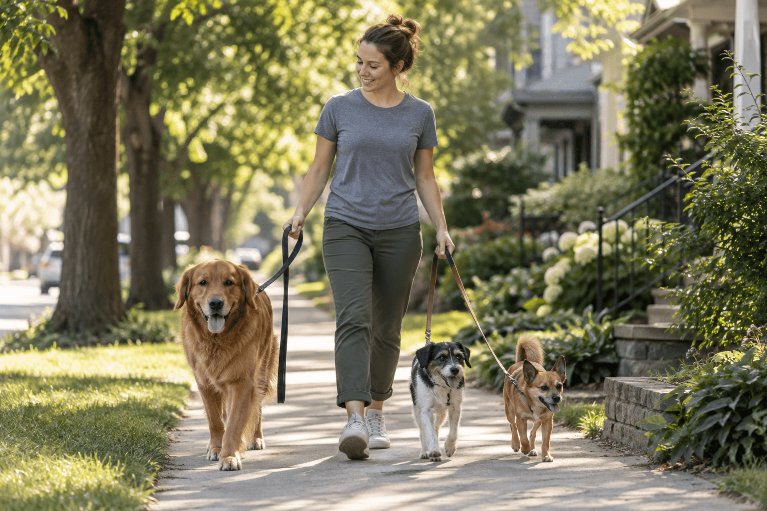 Pet sitter walking three dogs down a tree-lined sidewalk