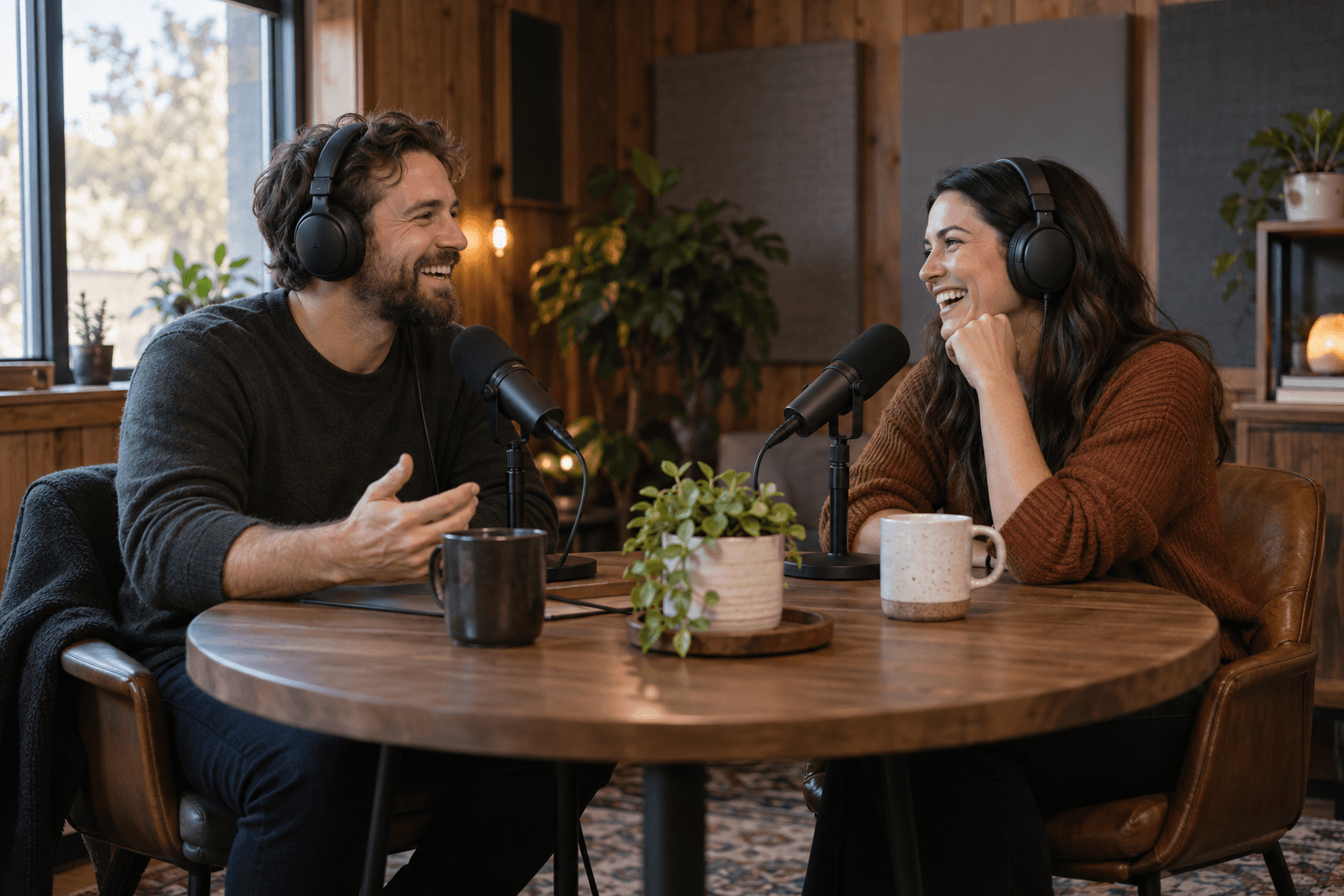 Two co-hosts recording a conversation in a small studio