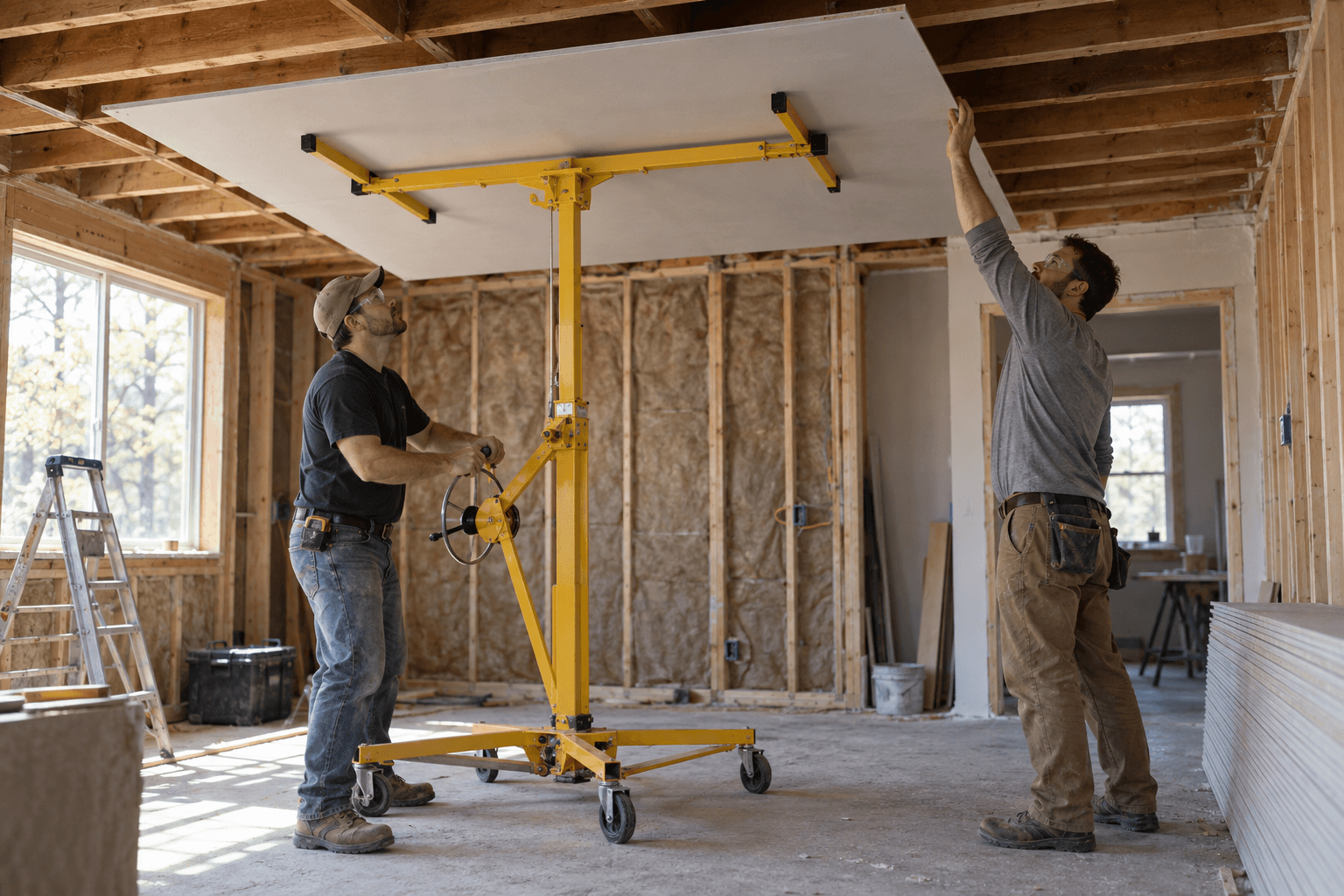 Drywall installers raising a ceiling panel with a lift