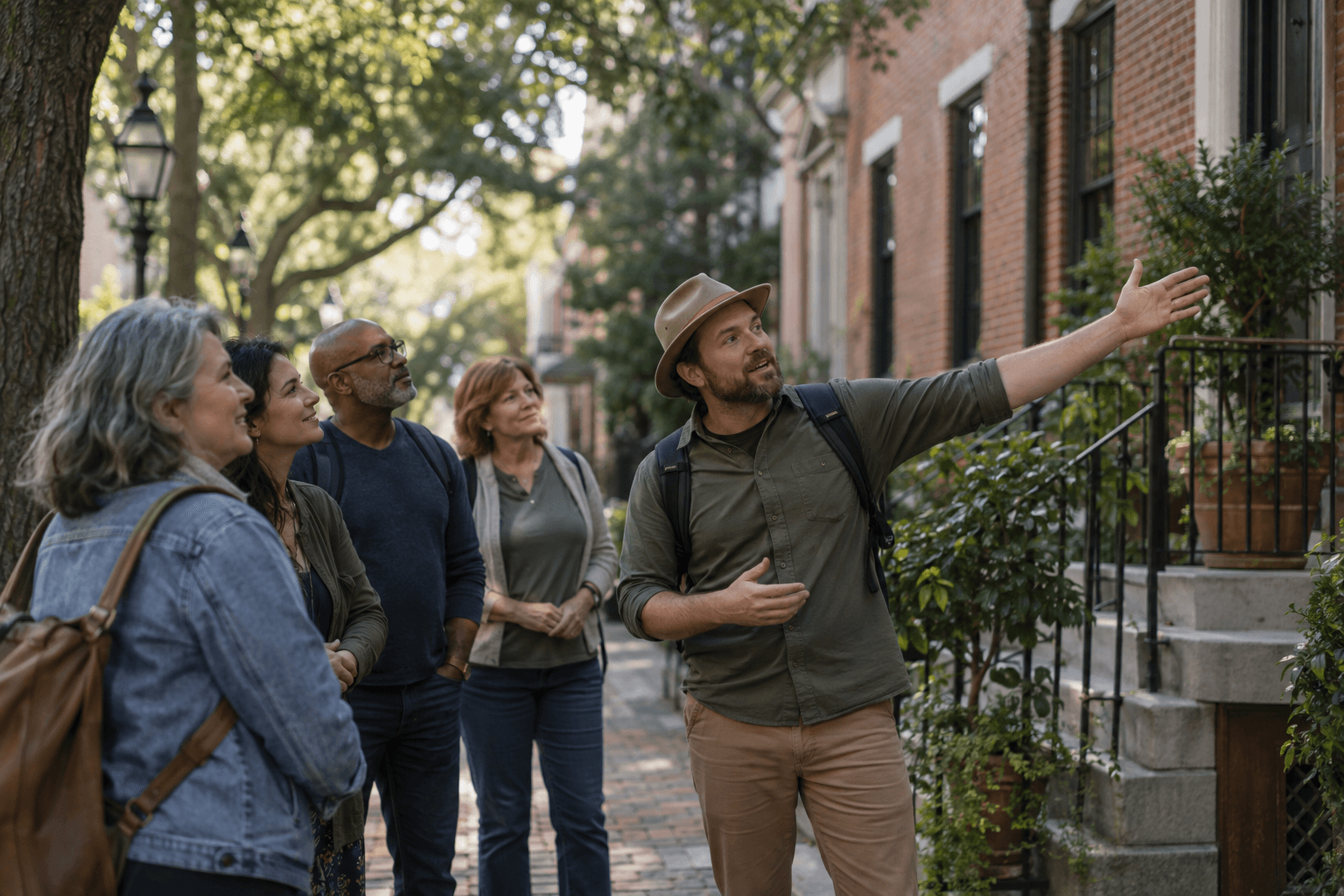 Tour guide leading a small group down a historic street