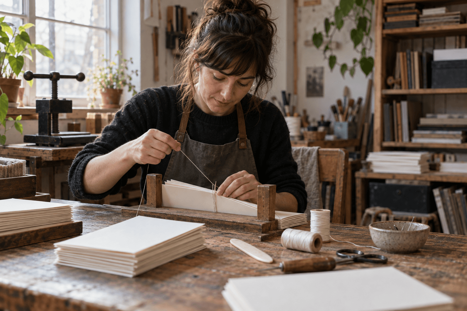Bookbinder stitching signatures at a wooden bench