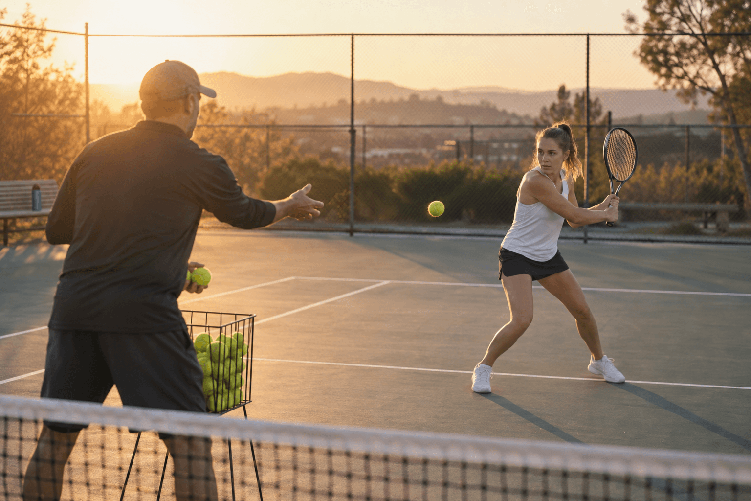 Tennis coach feeding balls to a student at golden hour
