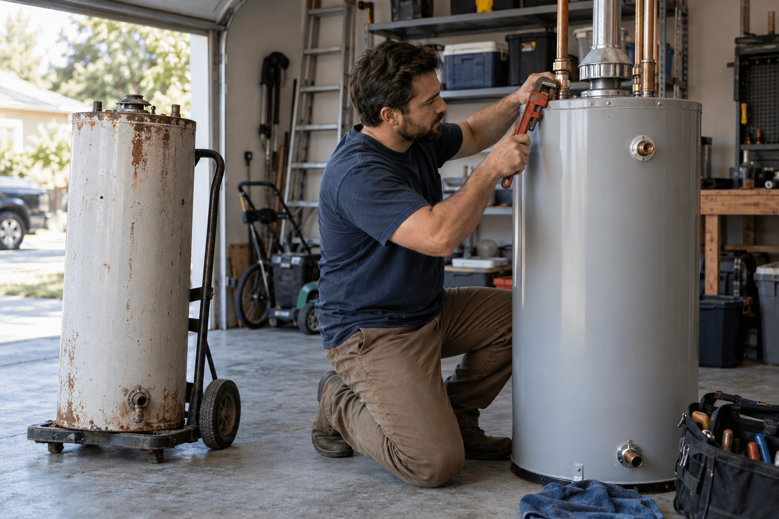 Plumber connecting a new water heater in a garage