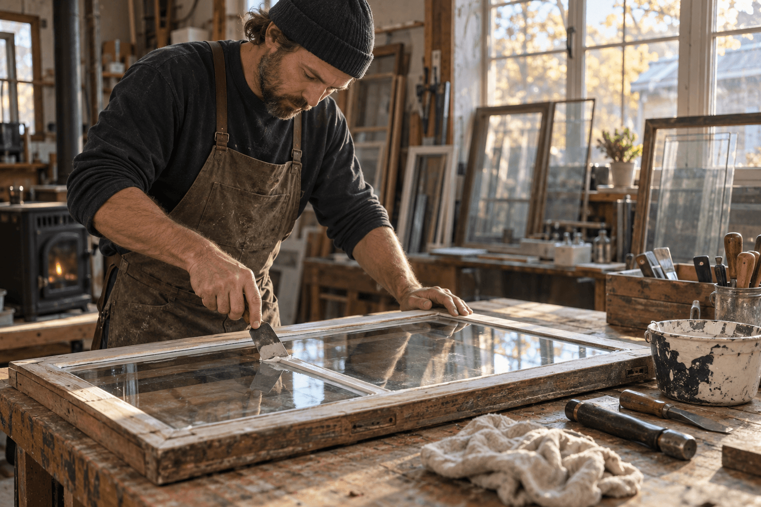 Glazier fitting a pane into a wooden window sash