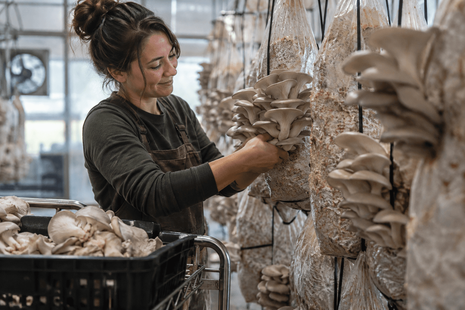 Mushroom farmer harvesting oyster mushrooms in a grow room