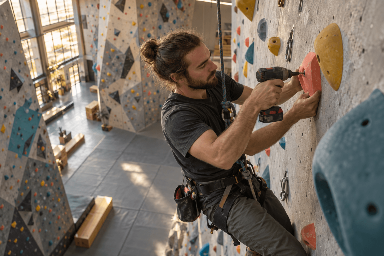 Route setter bolting holds onto a climbing wall
