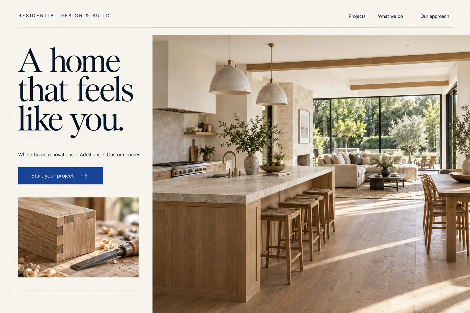 Original home contractor website concept with editorial typography and a photorealistic renovated home