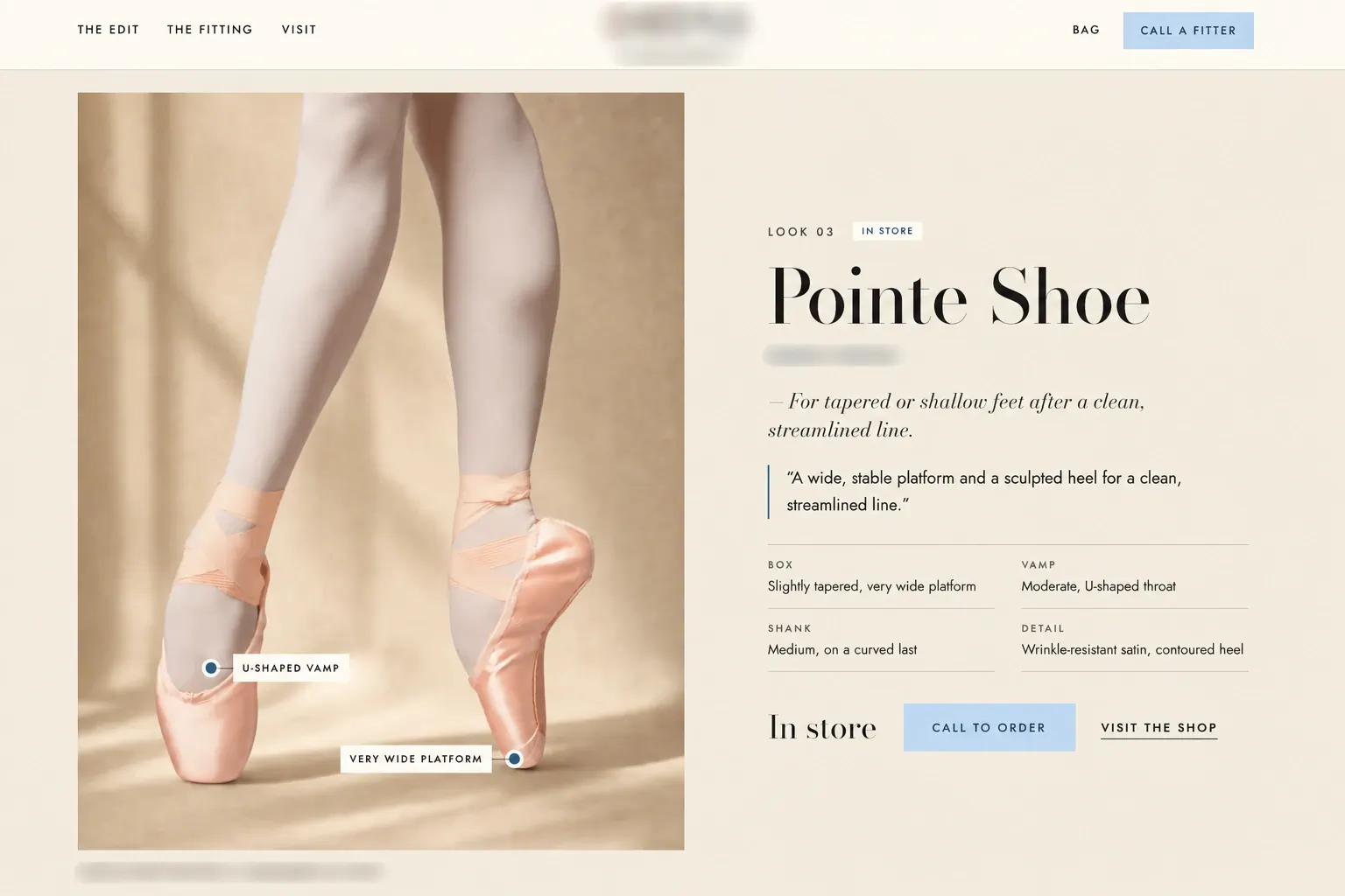 Pointe shoe product page with branding removed