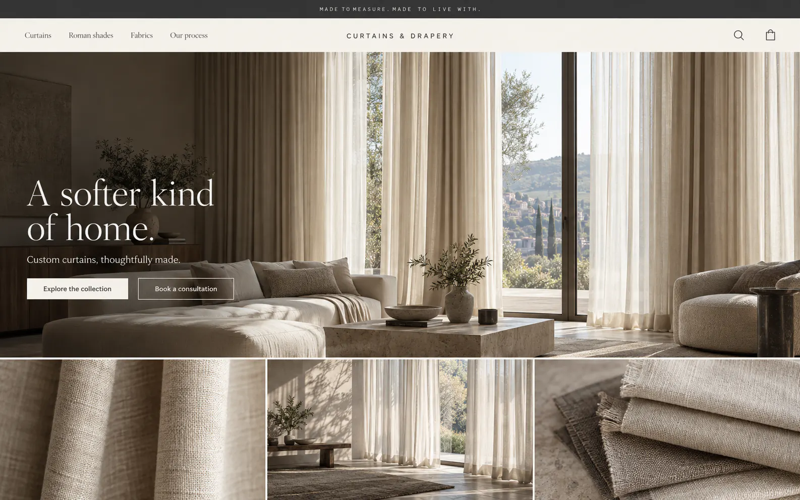 Custom drapery website concept featuring floor-to-ceiling linen curtains, a sunlit living room, and fabric details