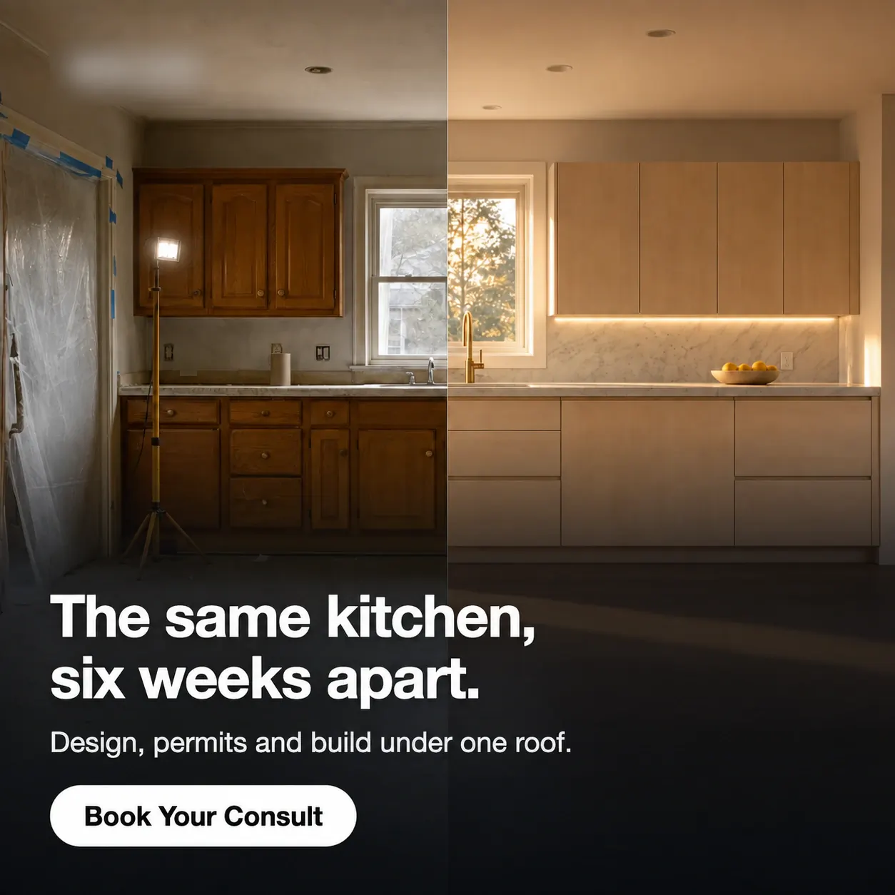 Kitchen before and after ad with logo placeholder obscured