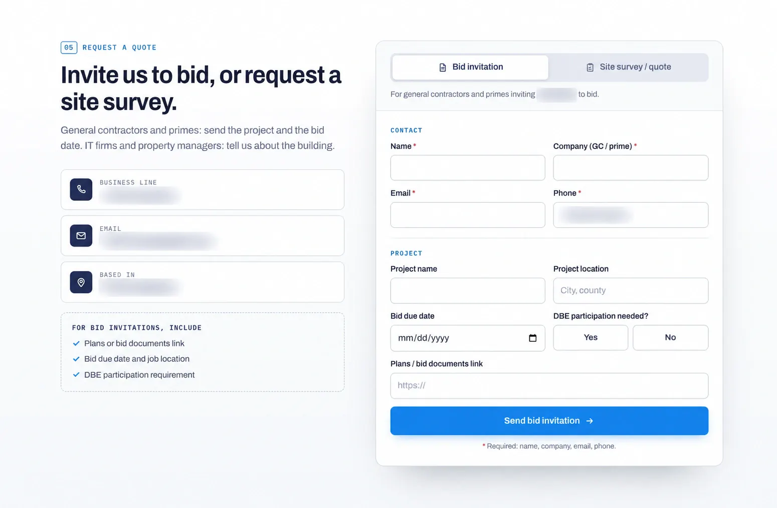 Lead capture form with identifying and contact details removed