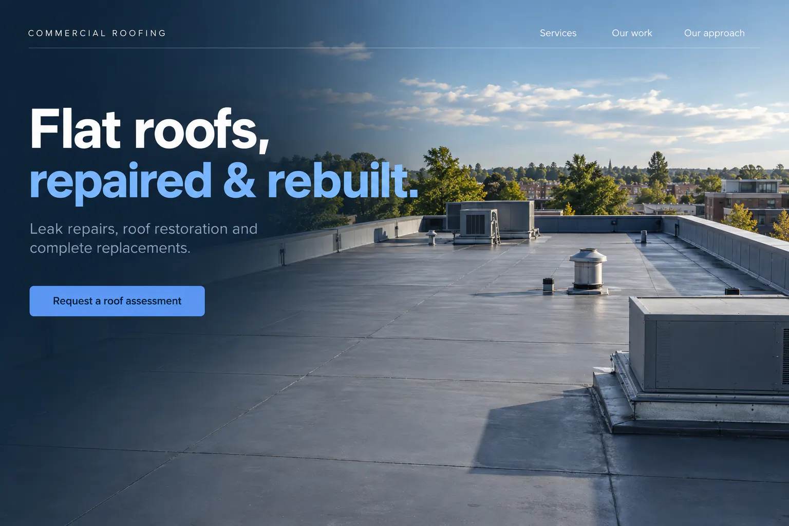 Generated commercial roofing landing page concept featuring an original photorealistic flat roof