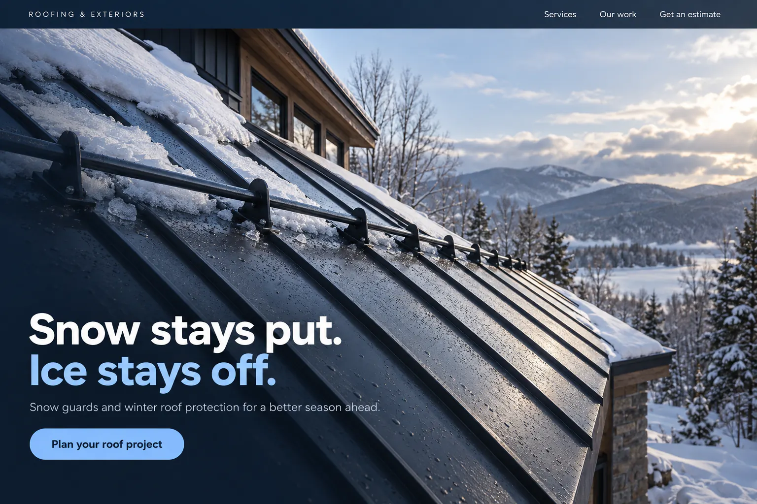 Generated winter roofing landing page concept with a photorealistic snowy standing-seam roof